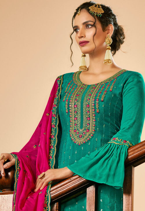 Embroidered Art Silk Pakistani Suit in Teal Green : KCH8853