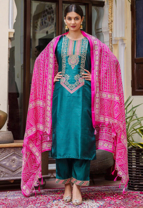 Embroidered Art Silk Pakistani Suit in Turquoise