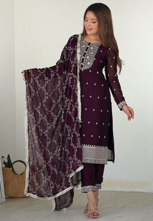 Embroidered Art Silk Pakistani Suit in Wine