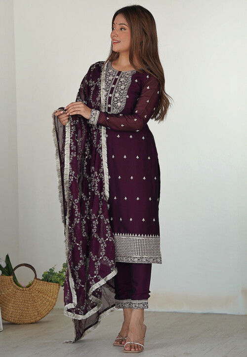 Embroidered Art Silk Pakistani Suit in Wine