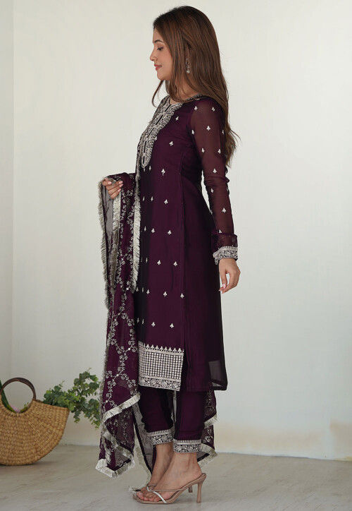Embroidered Art Silk Pakistani Suit in Wine