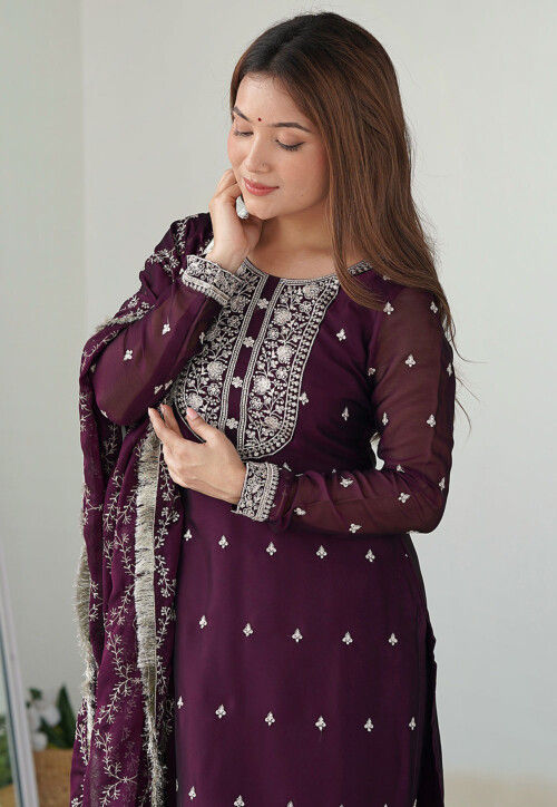 Embroidered Art Silk Pakistani Suit in Wine