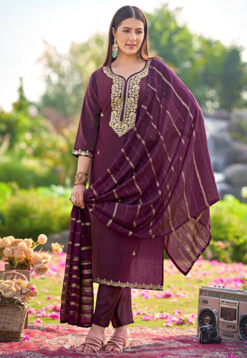 Embroidered Art Silk Pakistani Suit in Wine