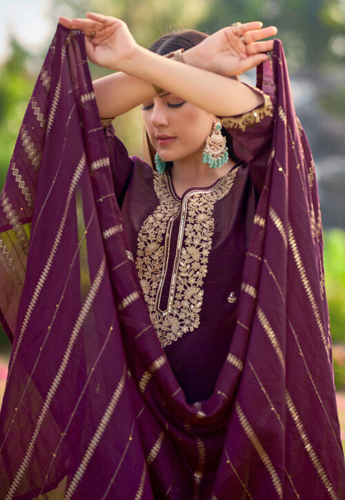 Embroidered Art Silk Pakistani Suit in Wine