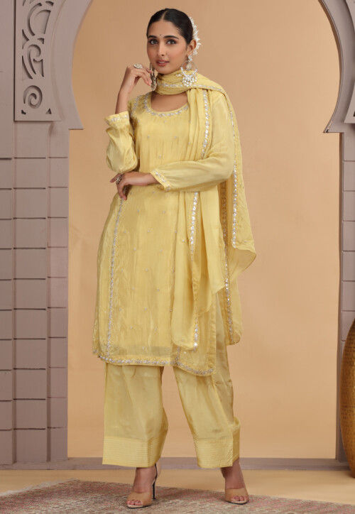 Embroidered Art Silk Pakistani Suit in Yellow
