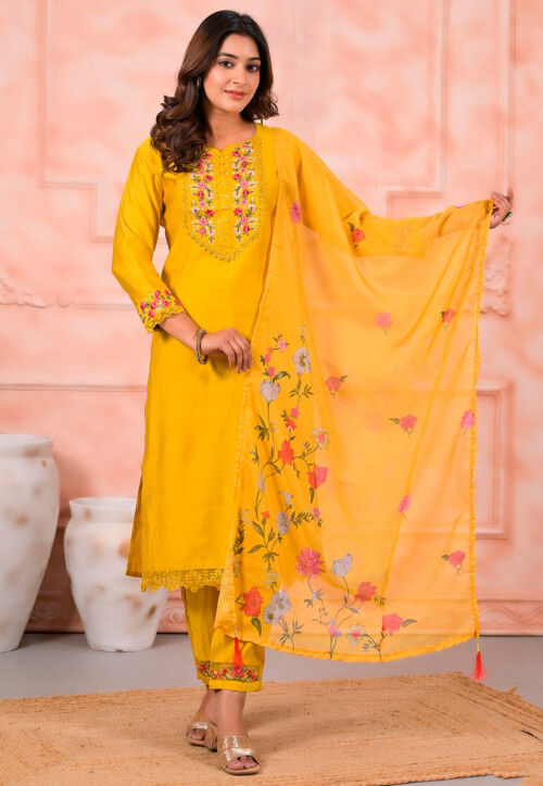 Embroidered Art Silk Pakistani Suit in Yellow