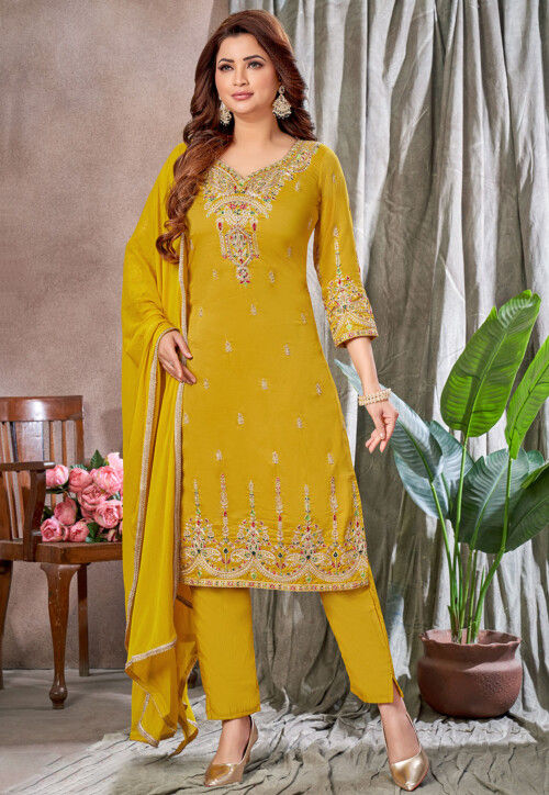 Embroidered Art Silk Pakistani Suit in Yellow