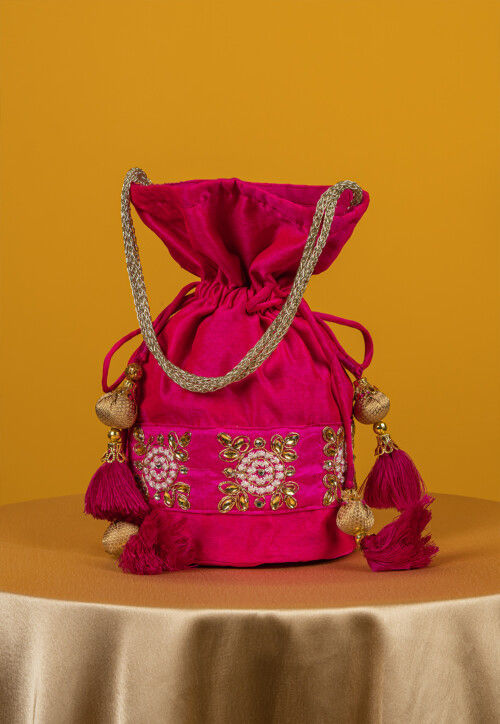 Embroidered Art Silk Potli Bag in Fuchsia