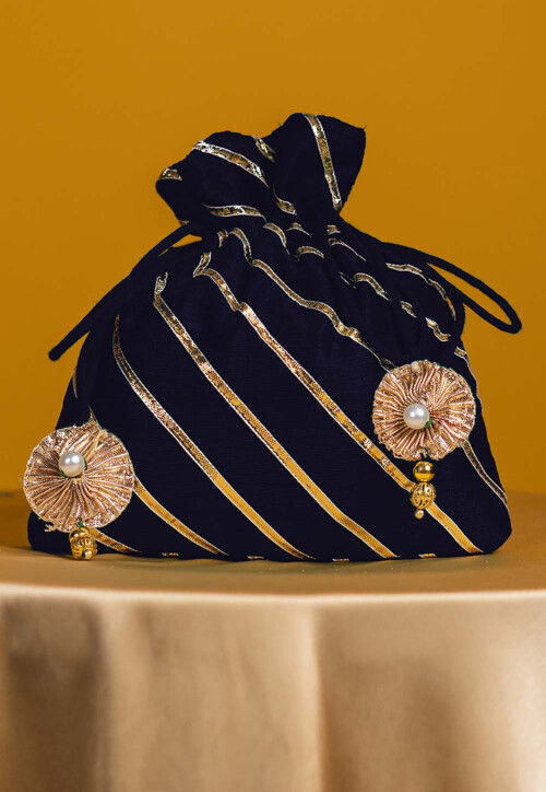 Embroidered Art Silk Potli Bag in Navy Blue