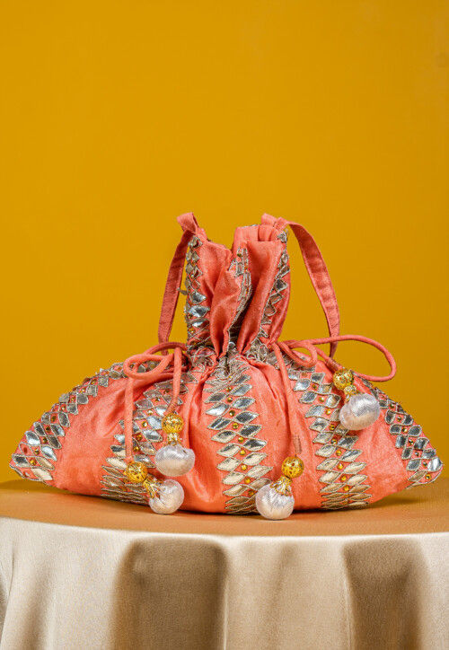 Embroidered Art Silk Potli Bag in Peach