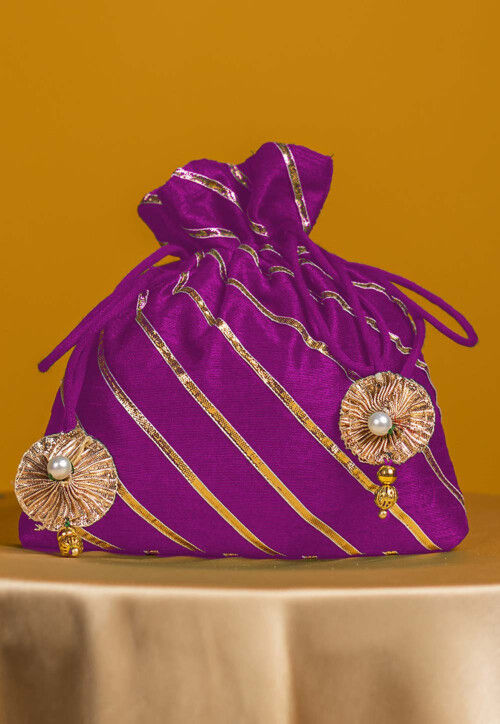 Embroidered Art Silk Potli Bag in Purple