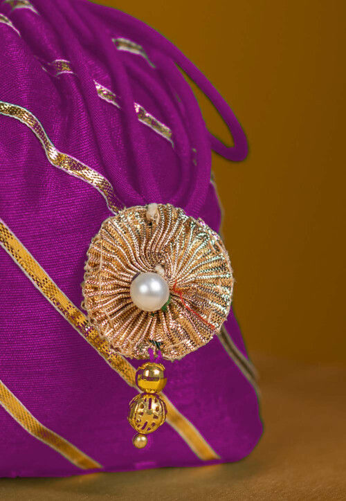 Embroidered Art Silk Potli Bag in Purple
