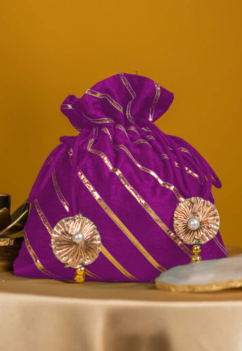 Embroidered Art Silk Potli Bag in Purple