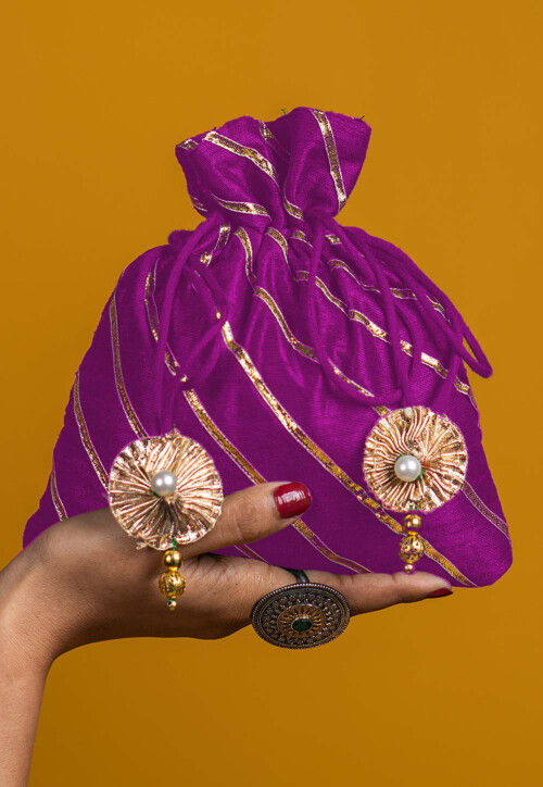 Embroidered Art Silk Potli Bag in Purple