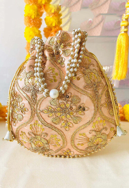 Embroidered Art Silk Potli in Peach