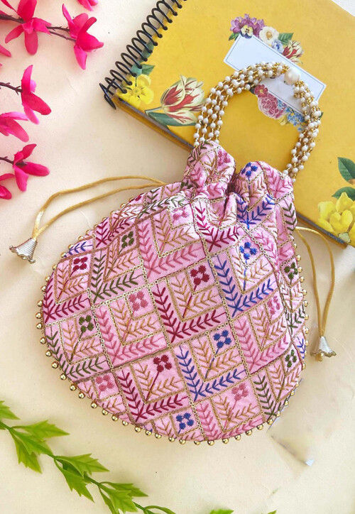 Embroidered Art Silk Potli in Pink