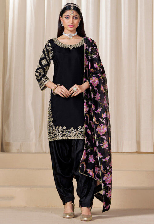 Buy Embroidered Art Silk Punjabi Suit in Black Online KCH14757
