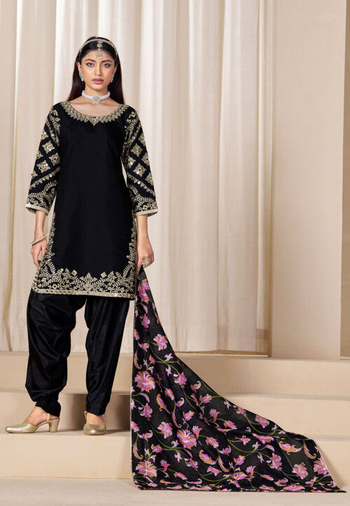 Embroidered Art Silk Punjabi Suit in Black