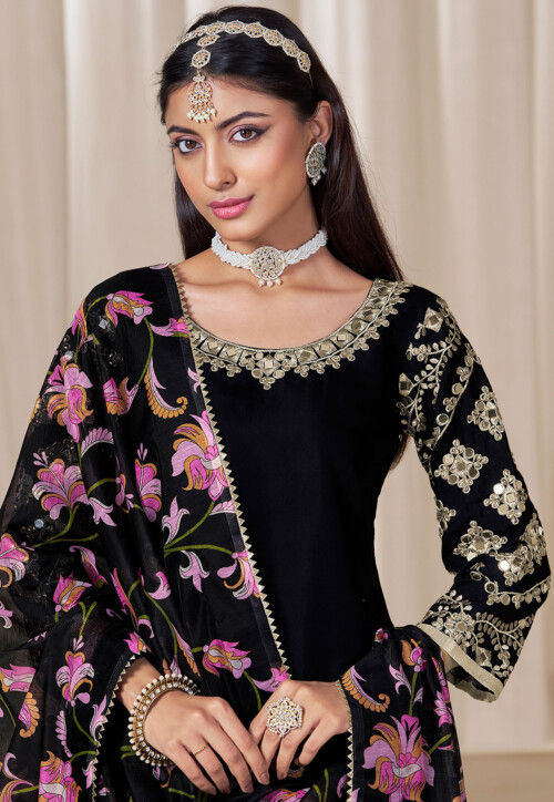 Embroidered Art Silk Punjabi Suit in Black