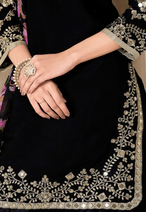 Embroidered Art Silk Punjabi Suit in Black