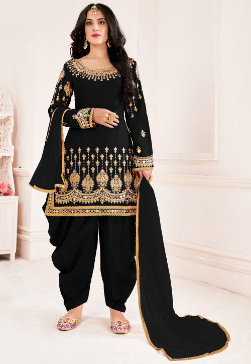 Embroidered Art Silk Punjabi Suit in Black : KCH7890