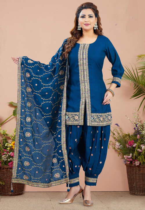 Embroidered Art Silk Punjabi suit in Blue