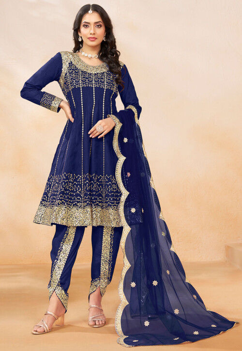 Embroidered Art Silk Punjabi Suit in Blue