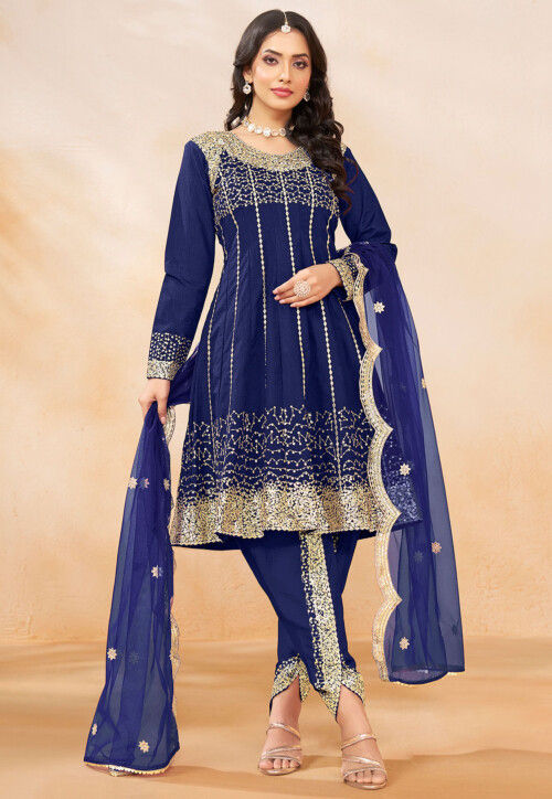 Embroidered Art Silk Punjabi Suit in Blue