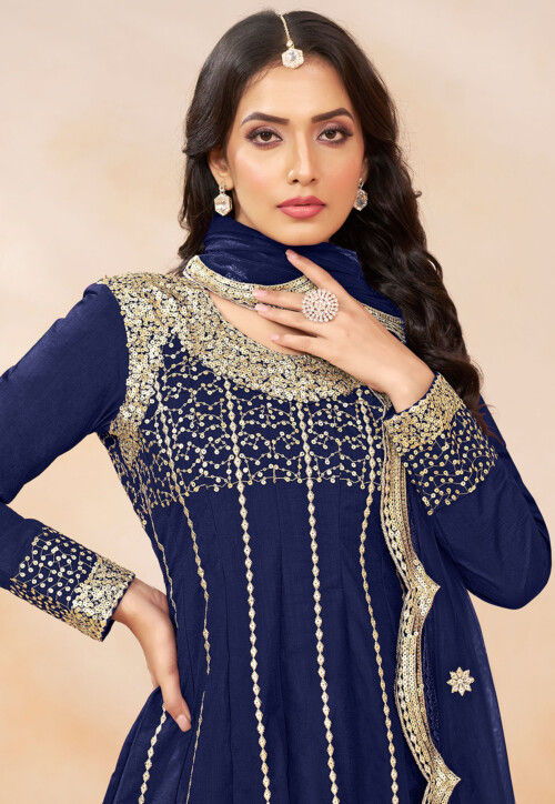 Embroidered Art Silk Punjabi Suit in Blue