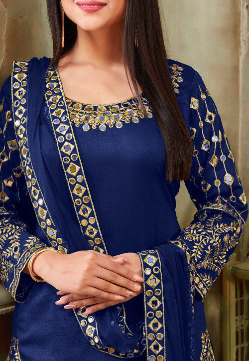 Embroidered Art Silk Punjabi Suit in Dark Blue : KCH3734