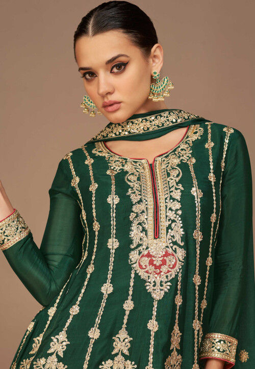 Buy Embroidered Art Silk Punjabi Suit in Dark Green Online : KCH10987 ...