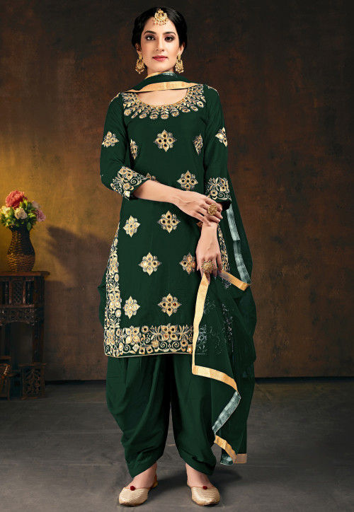 Embroidered Art Silk Punjabi Suit in Dark Green : KCH7889