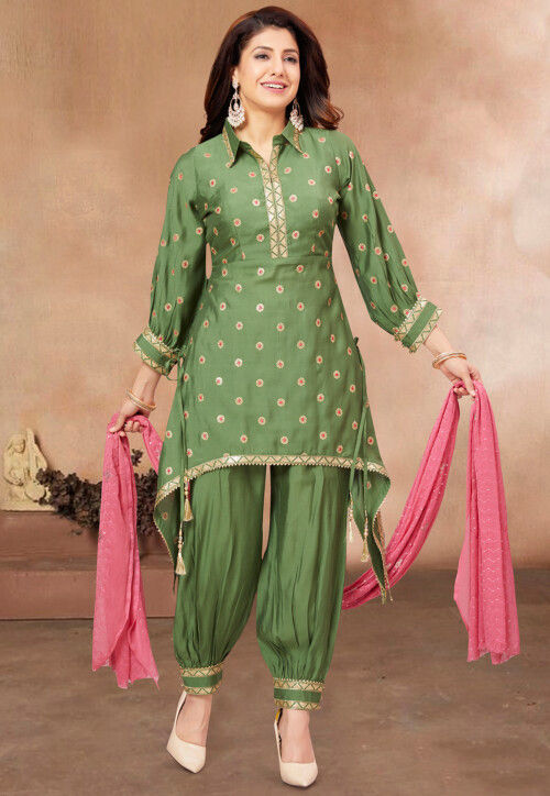 Embroidered Art Silk Punjabi Suit in Green : KRY1475