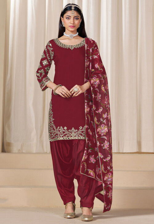 Buy Embroidered Art Silk Punjabi Suit in Maroon Online KCH14760