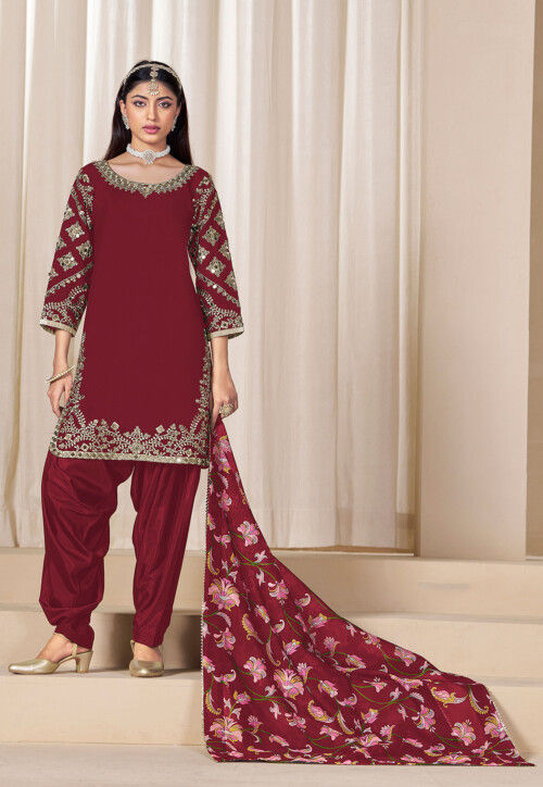 Embroidered Art Silk Punjabi Suit in Maroon