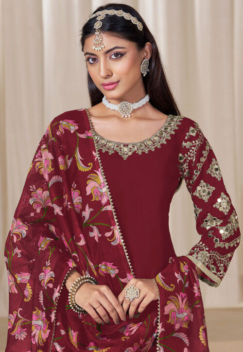 Embroidered Art Silk Punjabi Suit in Maroon