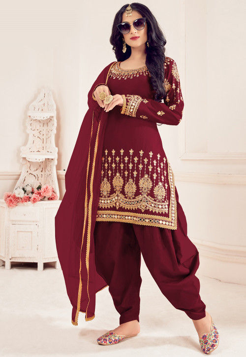 Embroidered Art Silk Punjabi Suit in Maroon : KCH7888