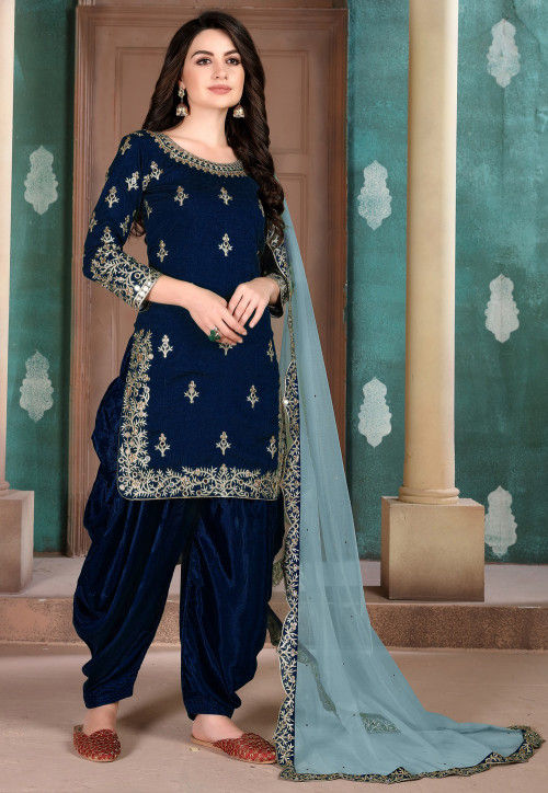 Embroidered Art Silk Punjabi Suit in Navy Blue : KCH6034