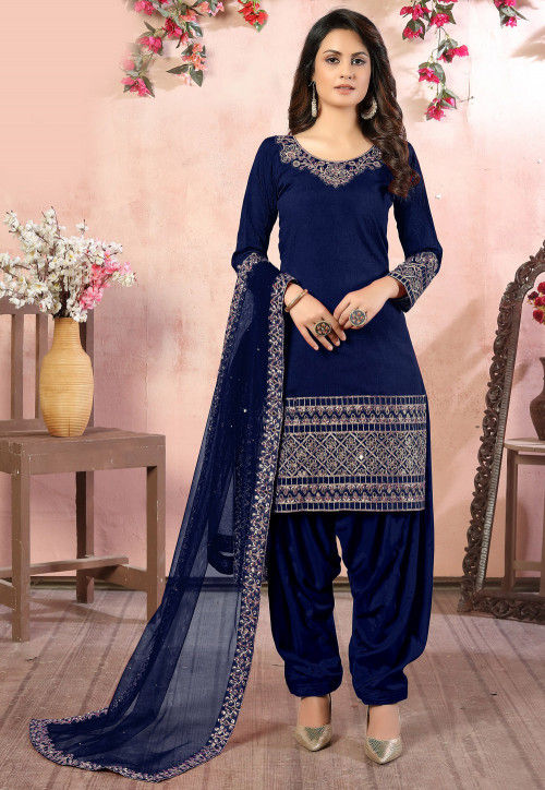 Embroidered Art Silk Punjabi Suit in Navy Blue : KCH6217