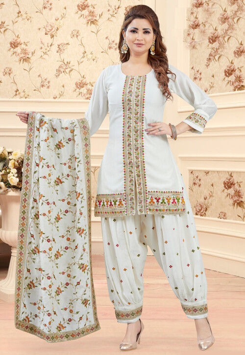 Embroidered Art Silk Punjabi Suit in Off White