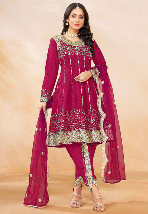 Embroidered Art Silk Punjabi Suit in Pink