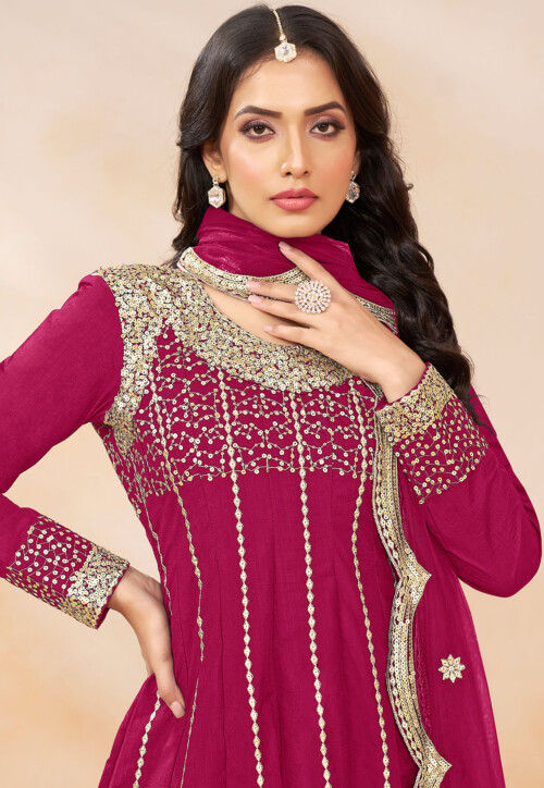 Embroidered Art Silk Punjabi Suit in Pink