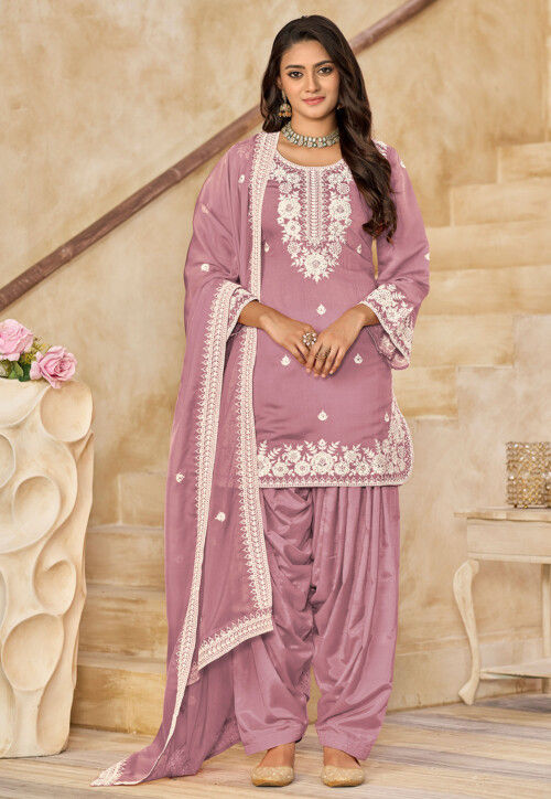 Embroidered Art Silk Punjabi Suit in Pink