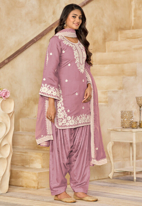 Embroidered Art Silk Punjabi Suit in Pink