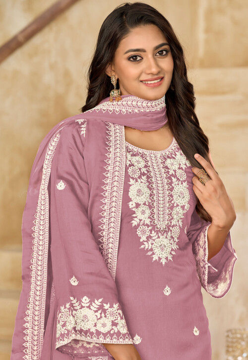 Embroidered Art Silk Punjabi Suit in Pink