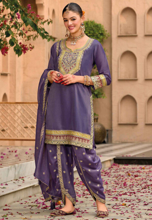 Buy Embroidered Art Silk Punjabi Suit in Purple Online KCH14549
