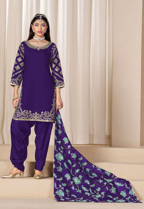 Embroidered Art Silk Punjabi Suit in Purple