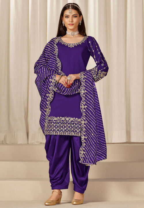 Embroidered Art Silk Punjabi Suit in Purple