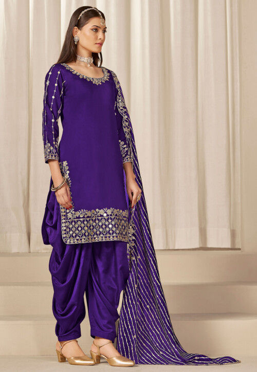 Embroidered Art Silk Punjabi Suit in Purple