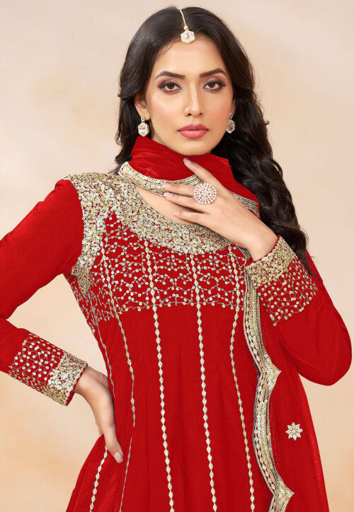 Embroidered Art Silk Punjabi Suit in Red